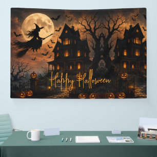 Halloween enge heks die over een spookhuis vliegt spandoek