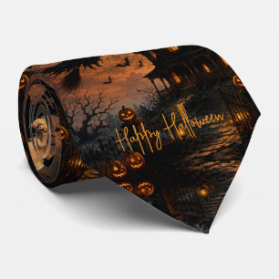Halloween enge heks die over een spookhuis vliegt stropdas
