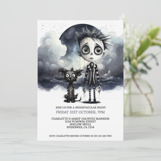 Halloween Enge Jongen en Hond Onder Een Volle Maan Kaart (Staand voorkant)