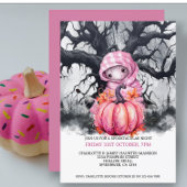 Halloween enge roze pompoen en spookfiguur kaart