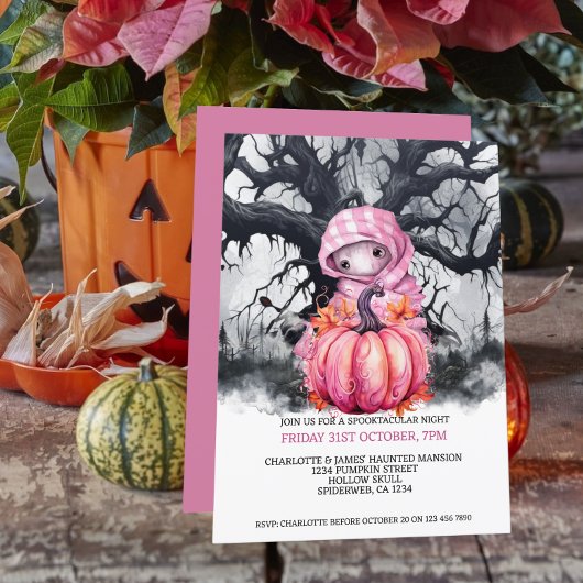 Halloween enge roze pompoen en spookfiguur kaart