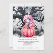 Halloween enge roze pompoen en spookfiguur kaart (Voorkant)
