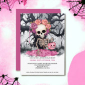 Halloween Enge Roze Skelet En Haunted Tree Kaart