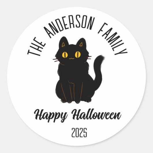 Halloween Enge Zwarte Kat Gepersonaliseerde Naam Ronde Sticker (Voorkant)