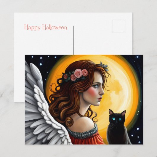 Halloween Engel en zwarte kat Briefkaart (Voorkant / Achterkant)