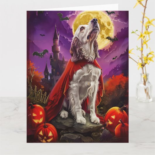 Halloween Engelse Setter Vampier Pompoenen Griezel Kaart (Gele Bloem)