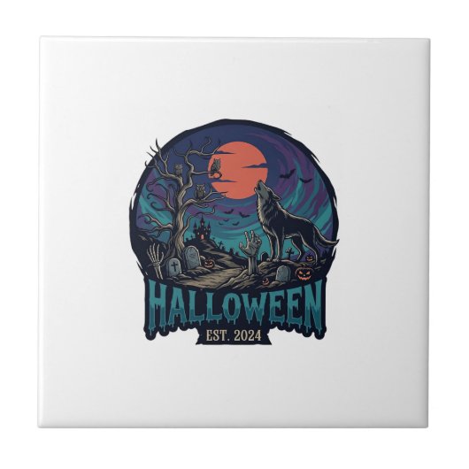 Halloween Est Howling Wolf Red Moon Zombie Hand_1 Tegeltje (Voorkant)