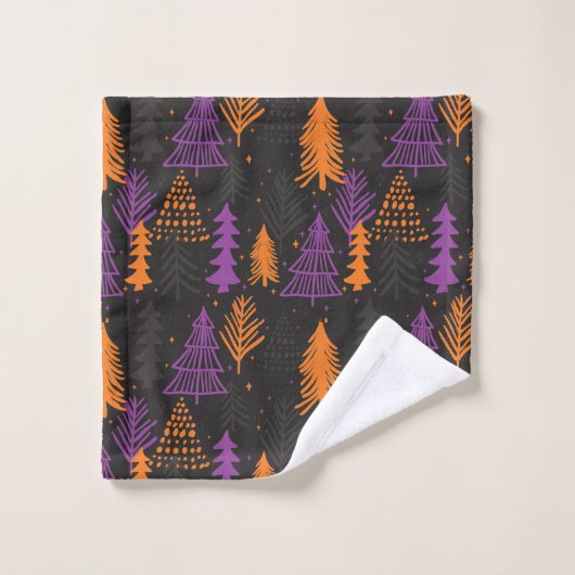 Halloween Evergreen Trees Pattern Black Sinaasappe Bad Handdoek (Wasdoekje)