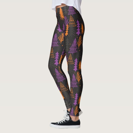 Halloween Evergreen Trees Pattern Black Sinaasappe Leggings (Links)