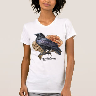 Halloween Evil Black Crow Oranje Bloemen Vrouwen T-shirt