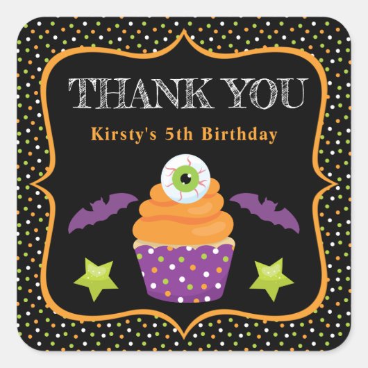 Halloween Eyeball Cupcake & Polka Dots Birthday Vierkante Sticker (Voorkant)