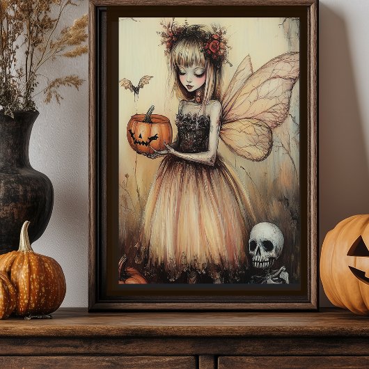 Halloween Fairy met pompoen en skelet Foto Afdruk