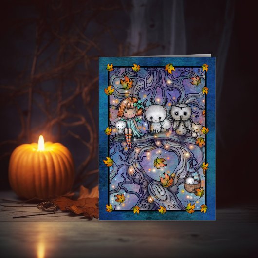 Halloween Fairy Owls and Cats Art Kaart