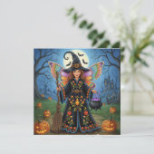Halloween Fairy Witch met pompoenen Feestdagenkaart (Staand voorkant)
