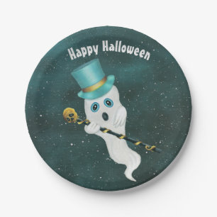 Halloween Fancy Ghost in Night Sky Gold Skull Cane Papieren Bordje