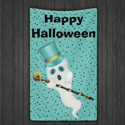 Halloween Fancy Ghost Top Hat Gold Skull Stars Spandoek