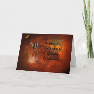 Halloween-fantasiekaart met rode lucht en fee kaart