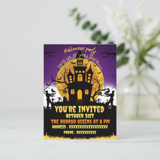 Halloween feest enge huis zwarte uitnodiging (Staand voorkant)