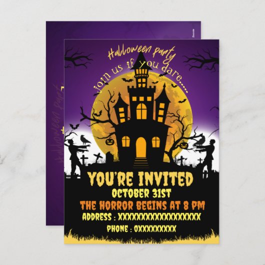 Halloween feest enge huis zwarte uitnodiging (Voorkant / Achterkant)