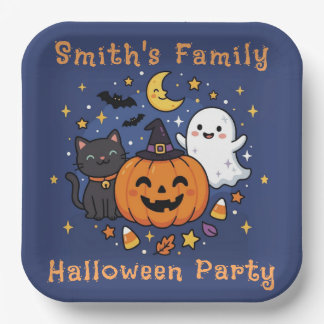 Halloween Feest Familie Knuffel Pompoen Kat Geest Papieren Bordje