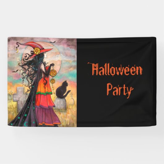 Halloween-feest Heks en Kat Fantasie Kunst Spandoek (Horizontaal)