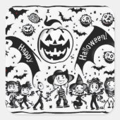 Halloween feest in zwart en wit vierkante sticker (Voorkant)