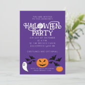 Halloween feest pompoenen vleermuizen op paarse kaart (Staand voorkant)