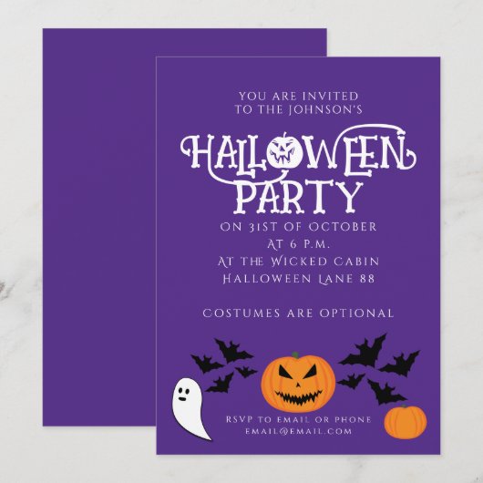 Halloween feest pompoenen vleermuizen op paarse kaart (Voorkant / Achterkant)