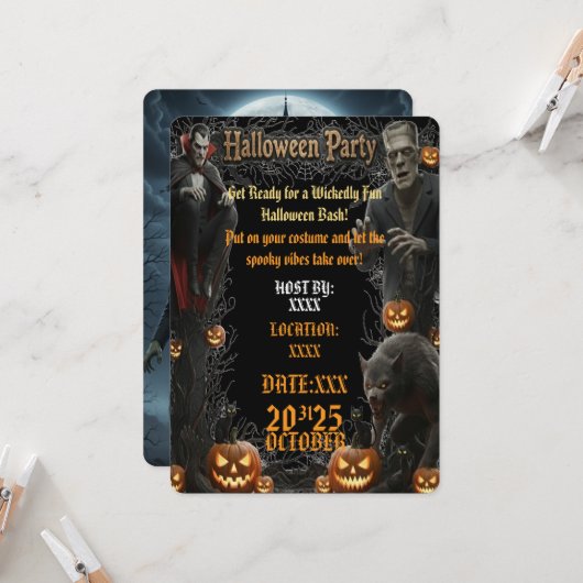 Halloween Feest Uitnodiging Griezelframe met Monst (Voorkant / Achterkant in situ)