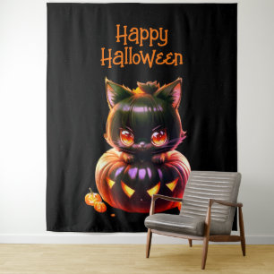 Halloween Feest Zwarte Kat Pompoen Horror Griezele Wandkleed