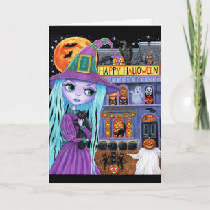 Halloween Feest Zwarte Kat Schattige Heks Spookhui Kaart