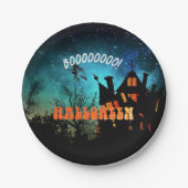 Halloween Feestheksen Donker Huis Sinaasappel Papieren Bordje (Voorkant)