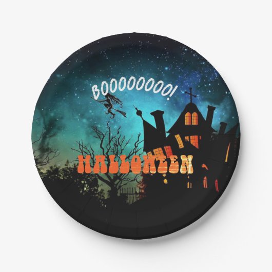 Halloween Feestheksen Donker Huis Sinaasappel Papieren Bordje (Voorkant)