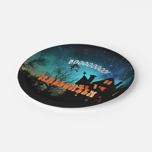 Halloween Feestheksen Donker Huis Sinaasappel Papieren Bordje (Gekanteld)