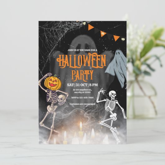  Halloween-feestuitnodiging, Halloween Skeleton Kaart (Staand voorkant)