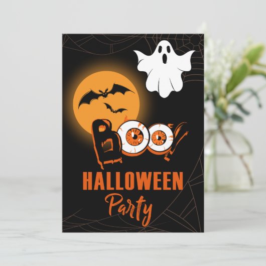 Halloween Feestuitnodiging met Ghost Boo en Moon Kaart (Staand voorkant)