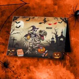  Halloween-feestuitnodiging Skelet rijdt op mummie Bedankkaart