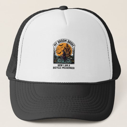 Halloween Fiets Koerier Grappige Heks Bezem Gebrok Trucker Pet (Voorkant)