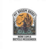 Halloween Fietspostbode Grappige Heksenbezem Gebro Sticker (Voorkant)
