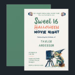 Halloween Film Night Leuke Gremlin Fun Sweet 16 Kaart<br><div class="desc">Een leuke Sweet 16 Halloween verjaardagsfeestuitnodiging met een filmnachtthema,  met een gremlin-personage die een filmprojector bedient,  in waterverf. Elegant,  modern,  eenvoudig en leuk,  het zal de fans van filmavonden en Halloween plezier en een meisje vieren haar zestiende verjaardag met een Halloween film nacht of logeerpartij.</div>