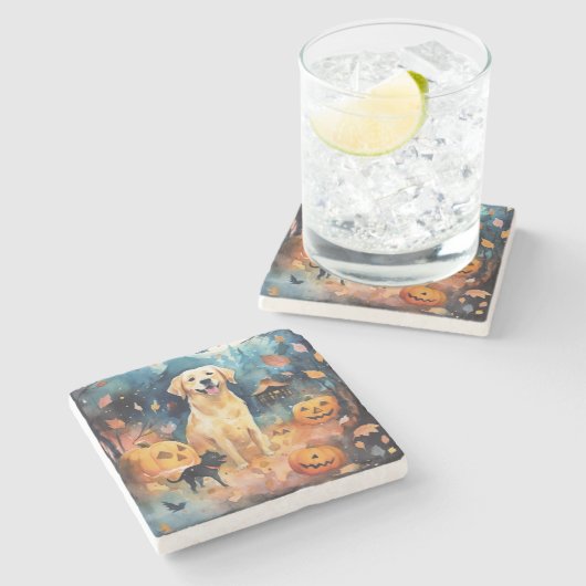 Halloween Fins lup met pompoenen eng Stenen Onderzetter (Zijkant)