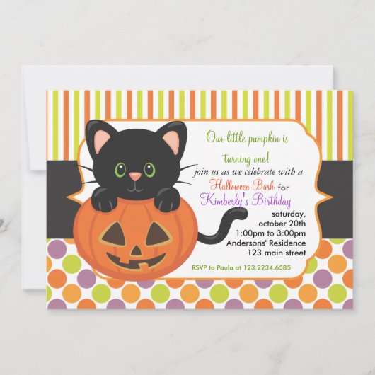 Halloween First Birthday Cute Pumpkin Cat Kaart (Voorkant)