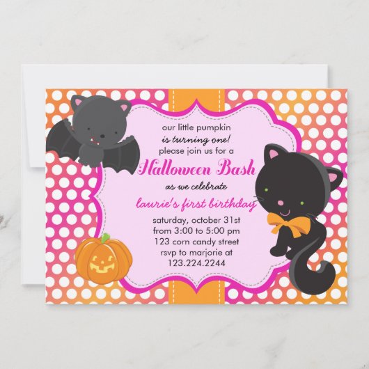 Halloween First Birthday Little Bat, Cat & Pumpkin Kaart (Voorkant)