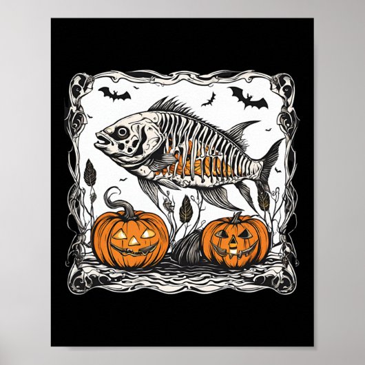 Halloween Fish Skeleton Funny Spooky Fish Bone Gra Poster (Voorkant)