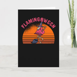 Halloween Flamingo Flamingoween Witch Broom Retro Kaart