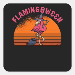 Halloween Flamingo Flamingoween Witch Broom Retro Vierkante Sticker