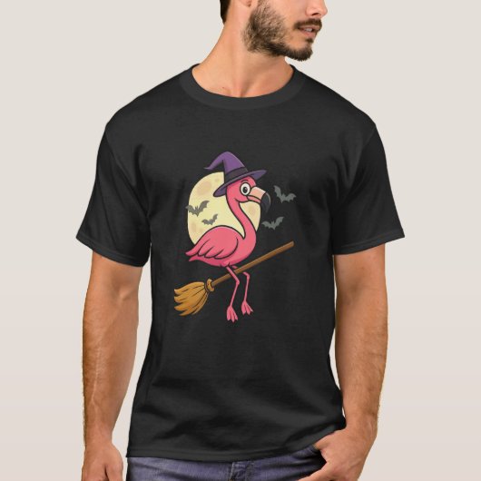 Halloween Flamingo Heksenbezem Grappig T-shirt (Voorkant)
