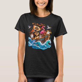 Halloween Flamingo Hond Kat Houten Boot Oceaan Rit T-shirt