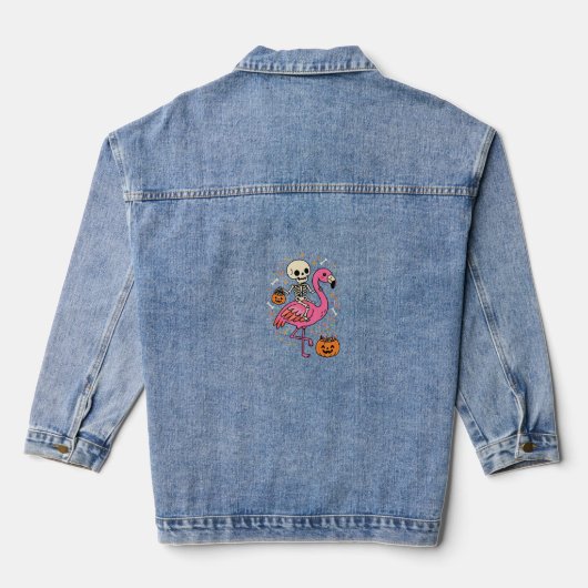 Halloween Flamingo Skelet Snoep Emmer Vector Afbee Denim Jacket (Achterkant)
