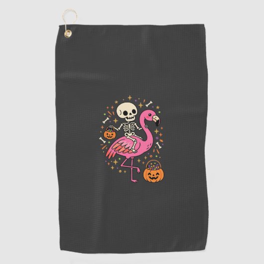 Halloween Flamingo Skelet Snoep Emmer Vector Afbee Golfhanddoek (Voorkant)